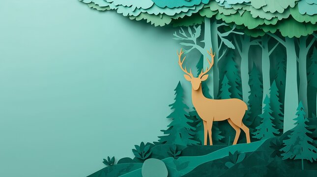 Paper cut deer standing in layered forest with copy space nature concept