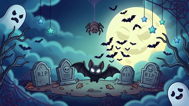 Spooky halloween night with ghosts bats and spiders in a cemetery
