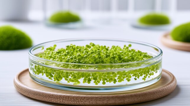 Glass petri dish with fresh Wolffia globosa, alternative protein source
