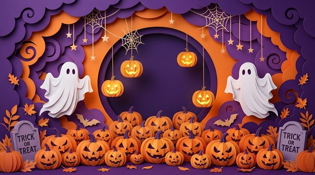 Halloween paper art scene with ghosts pumpkins and spiderwebs festive october holiday illustration