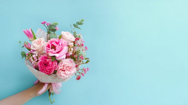 Hand holding a beautiful flower bouquet, spring floral gift in blue