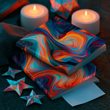 Passport Cover with Origami Stars and Candlelight on Dark Surface