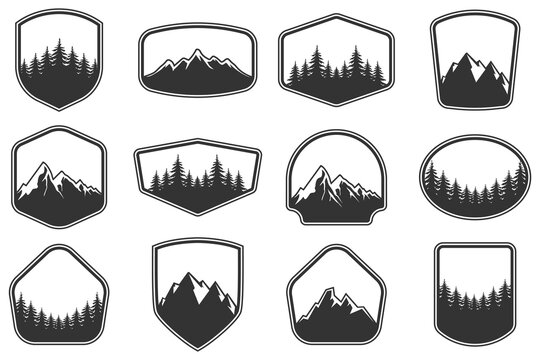 Mountain and Forest Shield Shapes Vector Set. Vintage Adventure Badge Templates and Outdoor Emblem Collection