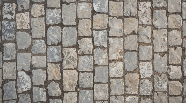 Weathered cobblestone pavement texture with irregular stone blocks pattern for background design