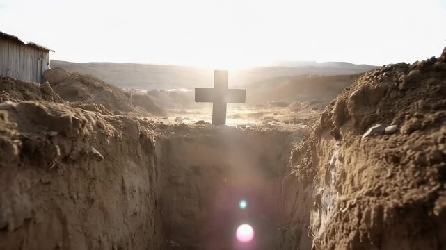 Freshly dug grave symbolizing mortality, A shovel is partially buried in the ground