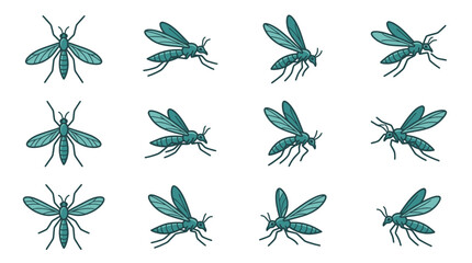 Collection of teal mosquito and insect flying icons. © Riski