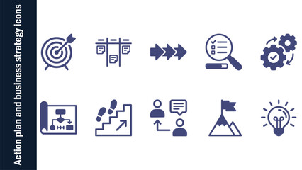 Action plan and business strategy solid icon set. Includes symbols for Workflow, Milestone, Execution, and Delegate. Solid vector icons for project management and corporate sprint.  © Abdulla