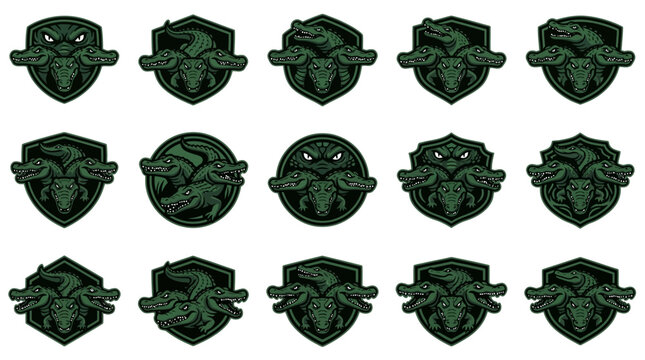 Dark green shields featuring multi-headed hydra reptile icons.