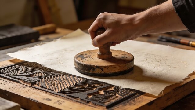 Hand Pressing Paper Onto Woodblock for Traditional Printmaking