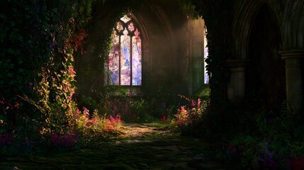 Fototapeta premium Ancient Gothic Cathedral Embraces Nature Ethereal Light Filters Through Stained Glass Windows