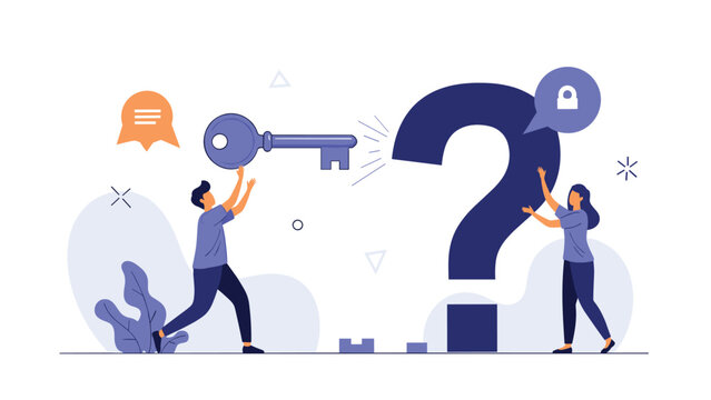 Business team using a giant key to unlock the answer to a large question mark representing problem solving and strategic discovery.