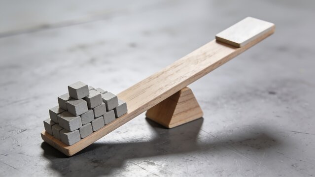 Wooden Lever Balancing Grey Cubes on Grey Surface