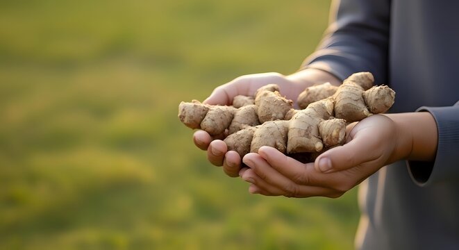 Farmer holding fresh ginger root harvest in hands over blurred green field background, organic produce for cooking and natural medicine applications.