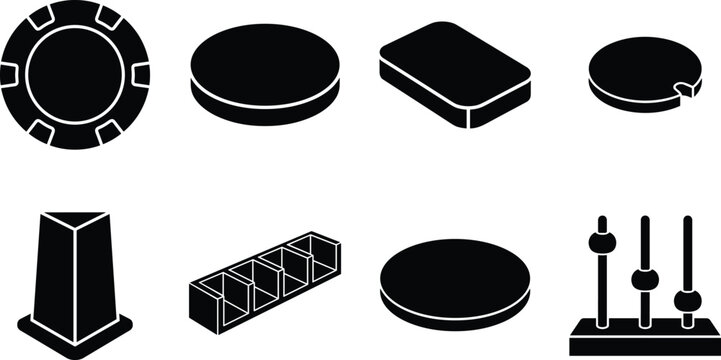 Casino and Arcade Gaming Equipment Black Silhouette Icon Set with Chips Tokens and Controls