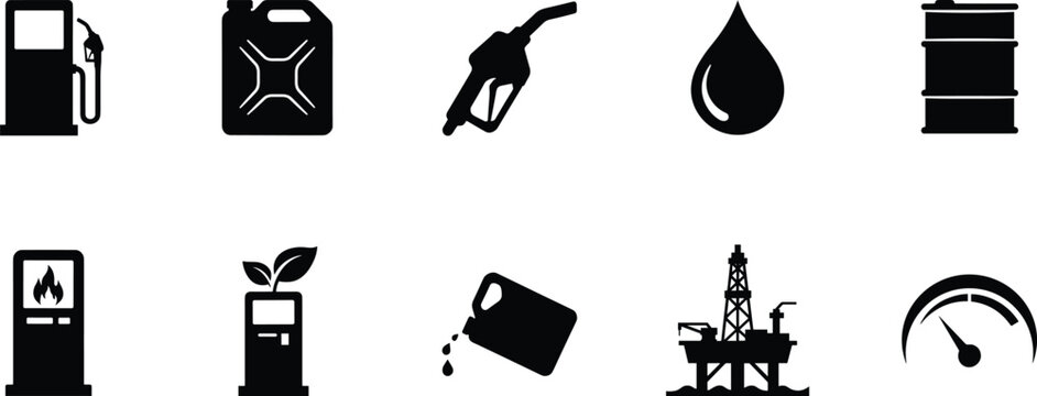 Oil and Gas Industrial Petroleum Silhouette Icon Set Featuring Fuel Pump Jerrican Nozzle Oil Drop Barrel Rig and Gauge Graphic Elements

