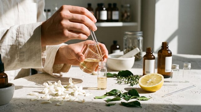 Hands Blending Botanical Fragrance Oils In Minimal Perfume Workshop