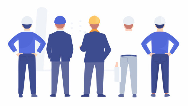Five construction workers in hard hats and workwear a flat vector illustration on a white background