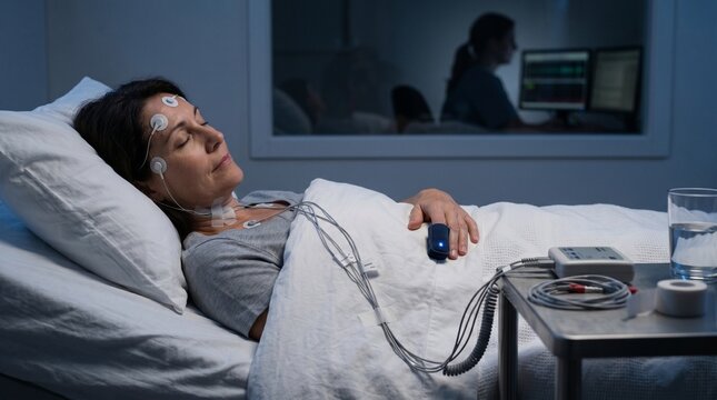 Bedside Sleep Monitoring Detail With Resting Patient And Lab Sensors