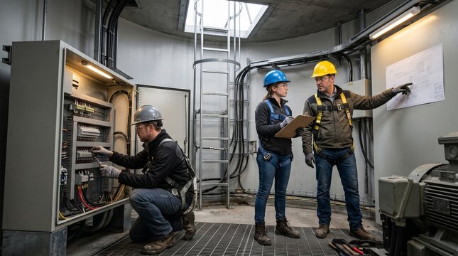 Wind Turbine Tower Inspection Team Reviewing Electrical Systems
