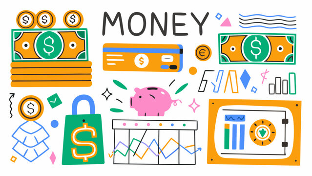 Financial illustration featuring currency symbols a piggy bank and charts on a white background banking bills
