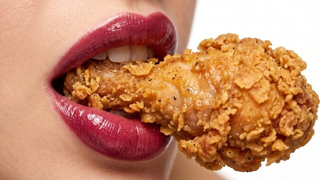 Woman eating crispy fried chicken drumstick with red lipstick close-up