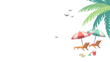 Colorful tropical beach scene with red crabs and palm trees under flying seagulls Vector © MD
