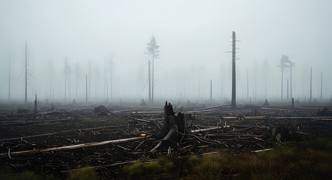 Atmospheric view of a deforested landscape covered in thick fog with remaining dead tree trunks and stumps