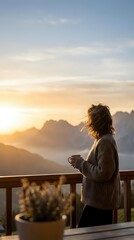 Fototapeta premium Woman Holding Warm Beverage on Mountain Cabin Deck at Sunrise Enjoying Peaceful Morning Valley View