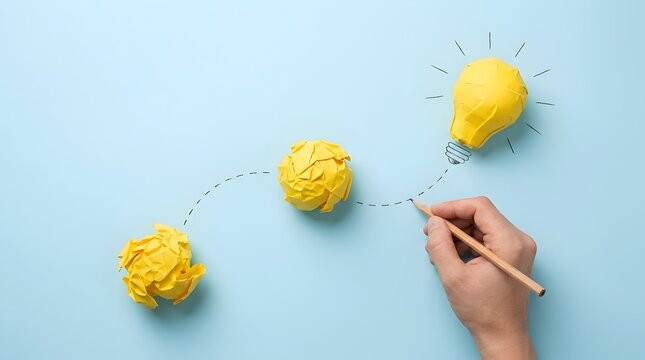 Iterative design process and idea evolution showing a hand connecting failed concepts to a final successful business strategy