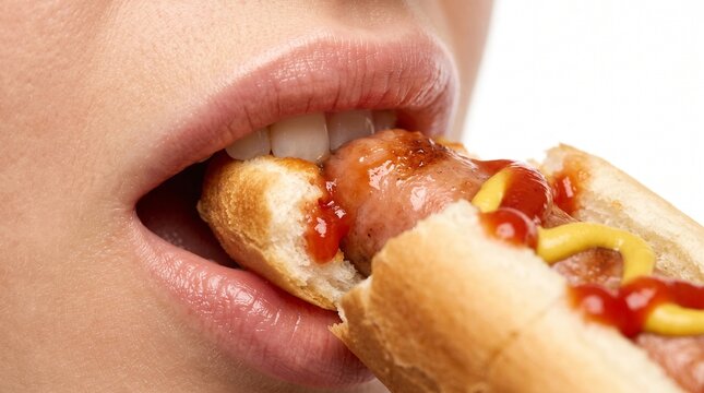Woman eating hot dog with ketchup and mustard close-up