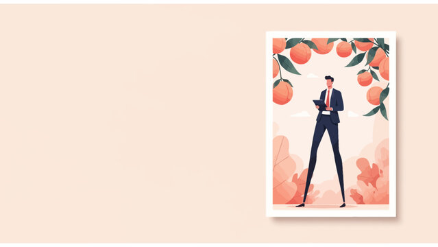 Businessman with Tablet Under Peach Tree Branches, Growth Concept Flat Illustration