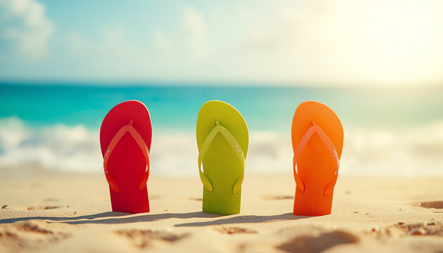 Colorful flip flops on beach 