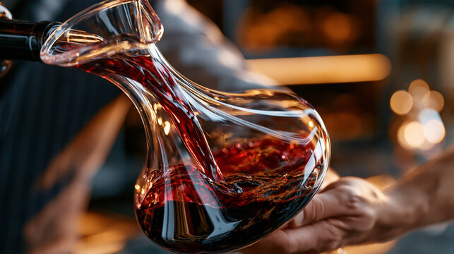 Abstract liquid flow dark background captures a close-up of a sommelier's hands decanting aged wine through a crystal carafe in a dimly lit fine dining cellar environment, hospitality industry and p