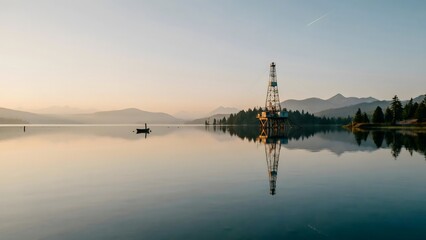 Fototapeta premium Calm Lake Scene with Drilling Rig and Mountain Range at Sunrise