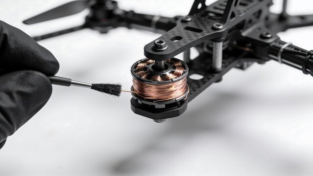 Hand in Black Glove Cleaning Brushless FPV Drone Motor