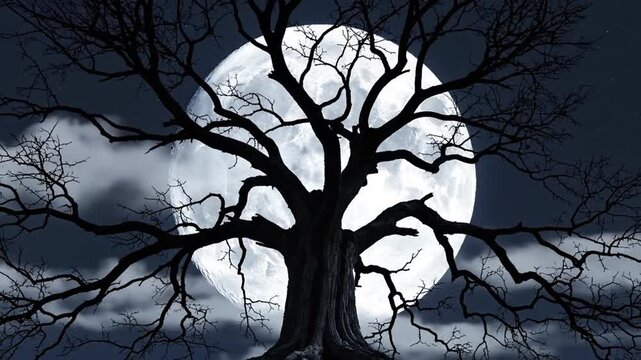 Silhouette of a gnarled, leafless old tree centered in front of a massive, detailed full moon against a dark night sky with wispy clouds and visible stars in high contrast.