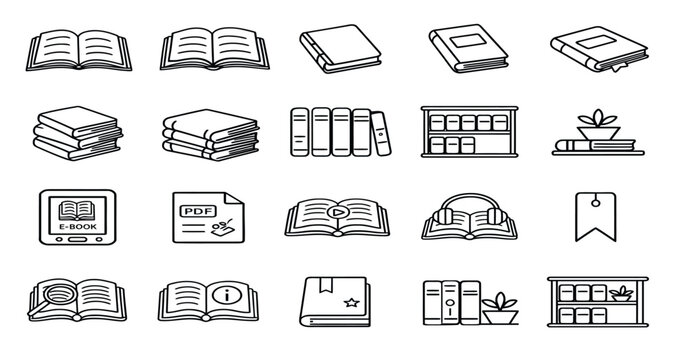 Black and white line art illustrations of books and e books