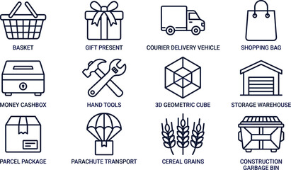 Fototapeta premium Minimalist e-commerce business and logistics line icon vector illustration set featuring shopping basket delivery truck parcel package warehouse hand tools and industrial elements isolated on white.