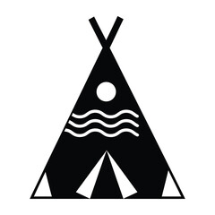 Black teepee tent with white moon and wave design on side © Progati Roy