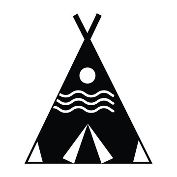 Black teepee tent with white moon and wave design on side