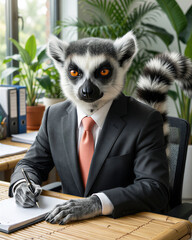 Fototapeta premium A gray ring-tailed lemur with striped tail in a tropical suit sits calmly holding a pen with steady orange eyes, showing complete business focus in bright tropical office light.