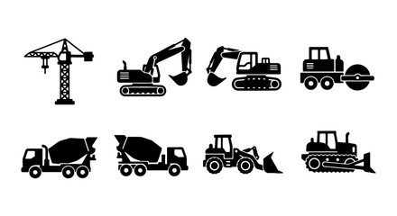 Construction Equipment Icons Set: Excavator, Crane, Cement Mixer, Bulldozer, Roller © Sidratul