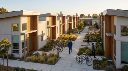 Obraz premium Modular Housing Community Streetscape With Shared Courtyard And Order