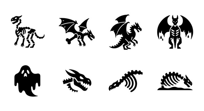 Mythical Creature Skeletons, Dragon Bones, Ghost Icons, Fantasy Vector Set
