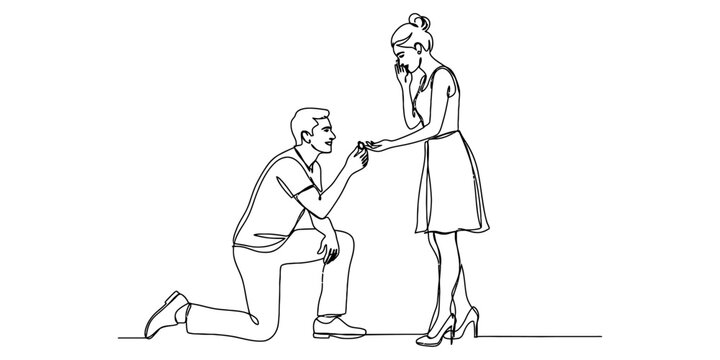 Man proposing marriage to woman with ring in continuous line art style Vector, illustration