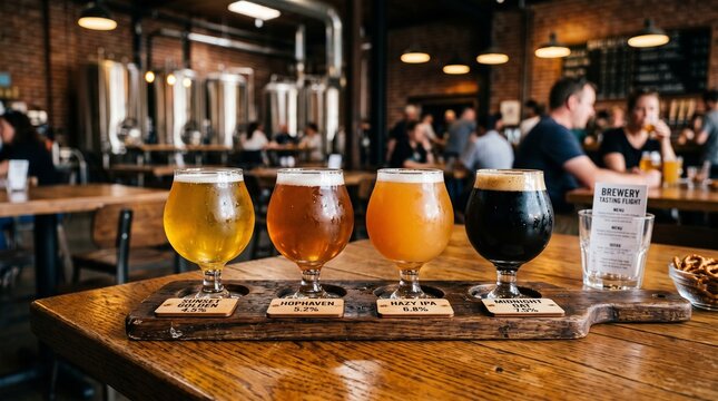 Assorted Craft Beer Tasting Flight with IPA Ale and Dark Stout Served on Wooden Paddle in Contemporary Brewery Taproom Interior