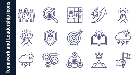 Fototapeta premium Teamwork and Leadership solid icon set. Includes partnership, strategy, success, mentoring, webinar, collaboration, motivation, vision and more. Vector glyph design for business innovation. 