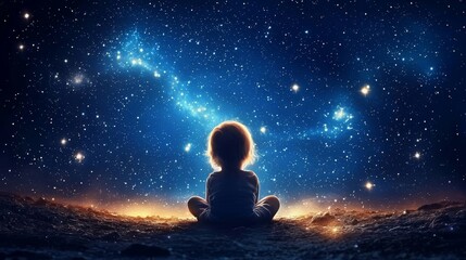 Fototapeta premium A baby girl gazes at the starry night sky, immersed in a world of dreams.