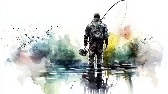 Unique Watercolor Drawing of Fishing Enthusiast