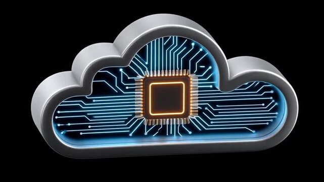 AI chip floating in cloud for payments technology concept with glowing circuit board and microprocessor inside silver cloud shape